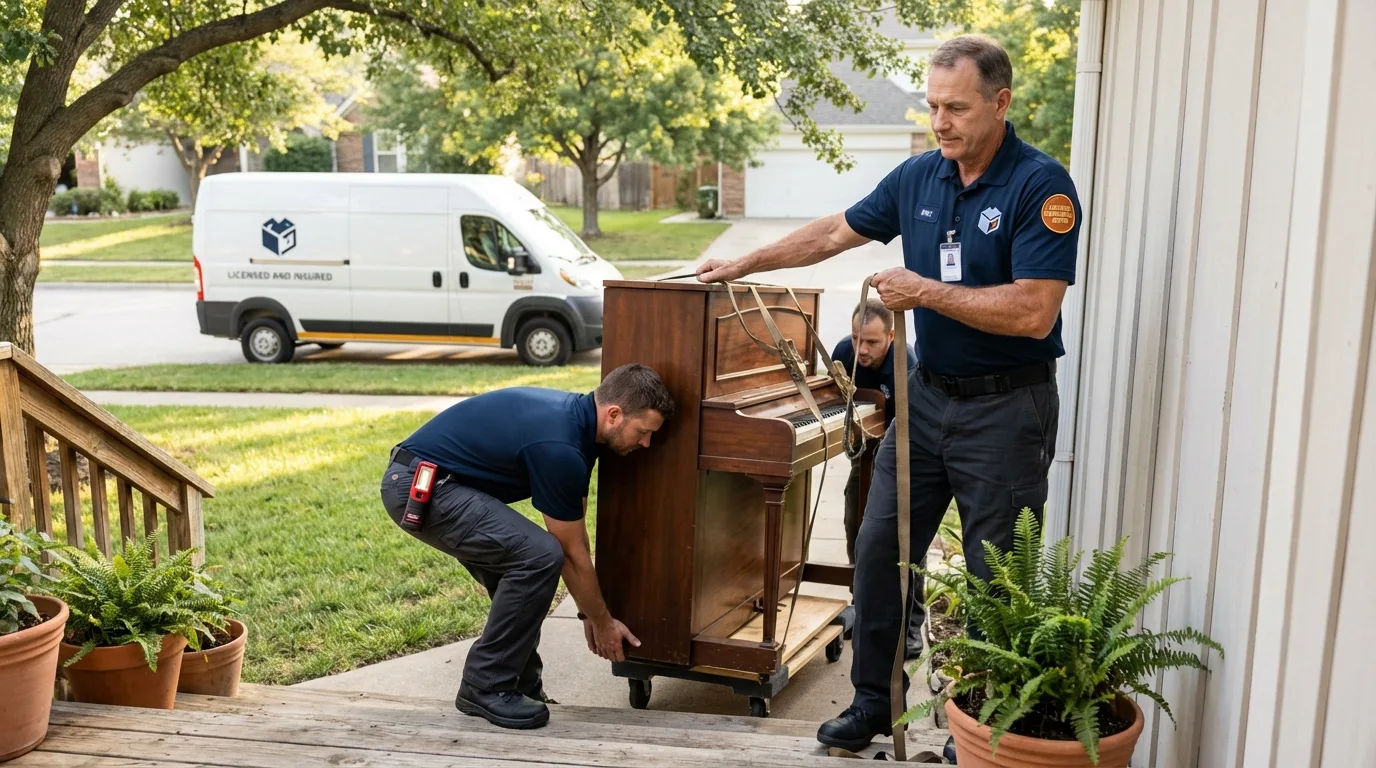 Licensed piano movers securing grand piano in Canton, IL